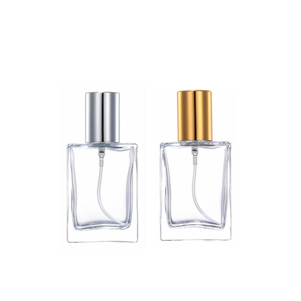 YORROR 2 Pcs Clear Glass Perfume Atomizer, 50ml Empty Spray Bottle for Men and Women, Portable Fragrance Fine Mist Spray Bottle Dispenser for Travel (GoldSilver)
