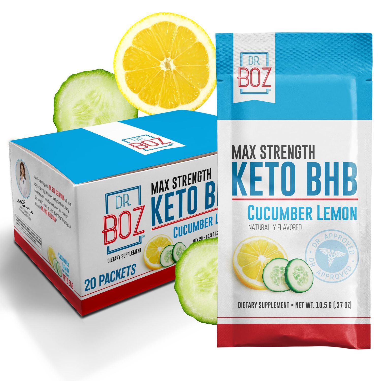 Dr. Boz - Keto BHB Powder - Cucumber Lemon, 20 Packets - Ketones Drink - Increase Energy Reduce Cravings - Max Strength Dietary Supplement - Quality Tested - Made in The USA - 10.9oz (310g)