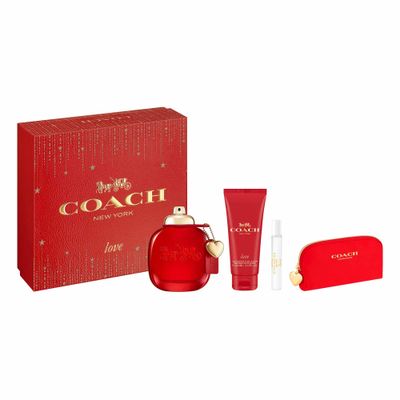 Coach Love Eau de Parfum 4 Piece Set - 3.0 fl. oz. 0.25 fl. oz. Spray, 3.3 fl. oz. Body Lotion, Pouch - Long Lasting Fragrance with notes of Strawberry, Red Velvet Rose Cedarwood - Floral Fruity
