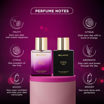 Bella Vita Luxury Ceo Man Date Woman Liquid Eau De Parfum Perfume Gift Set 2X50Ml For Men And Women With Lemon, Lavender, Pink PepperFloral, Fruity, Woody Long Lasting Edp Fragrance Scent