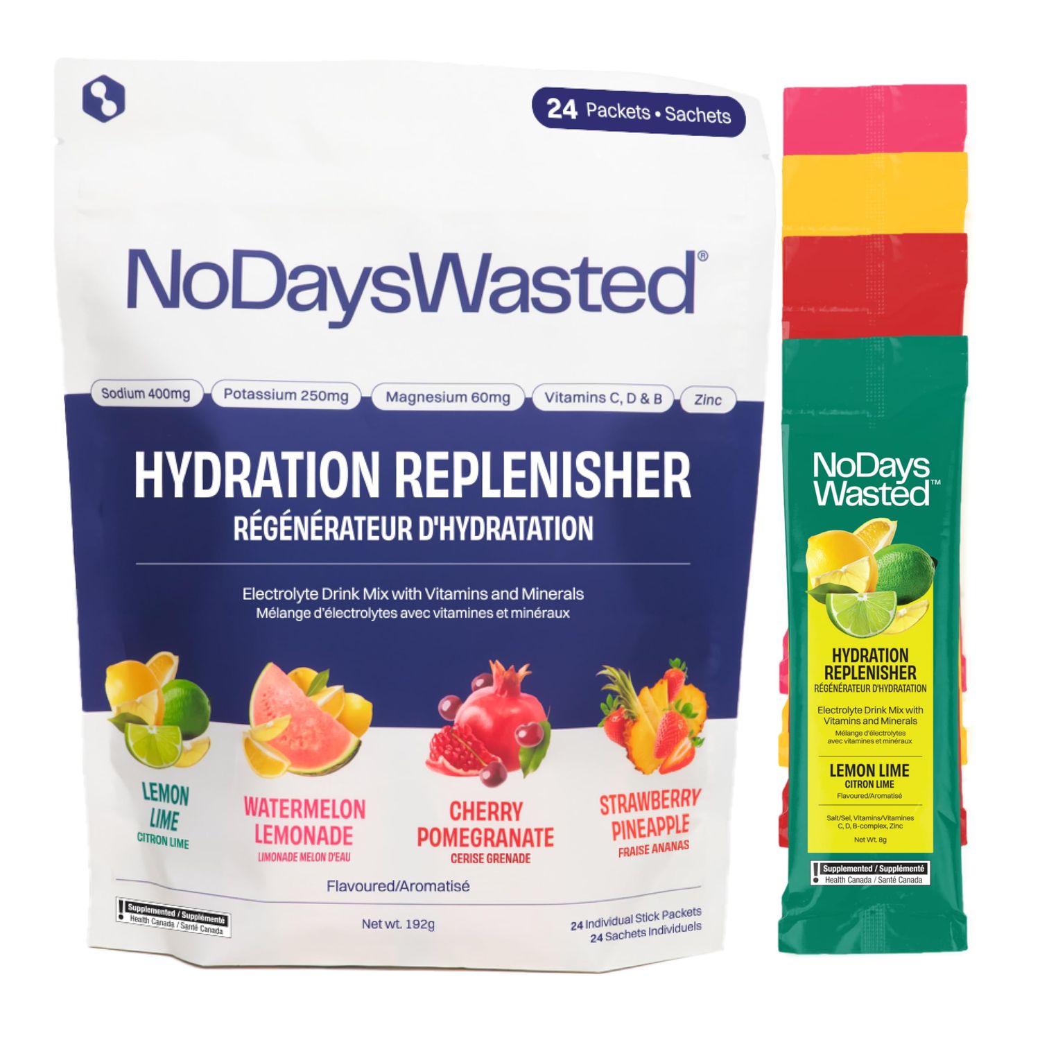 No Days Wasted Hydration Replenisher Electrolyte Replacement Stick Packets Essential Rapid Hydration Vitamins Sodium, Potassium, Magnesium, Vitamins B, C, D, Zinc 4 Flavor Variety Pack
