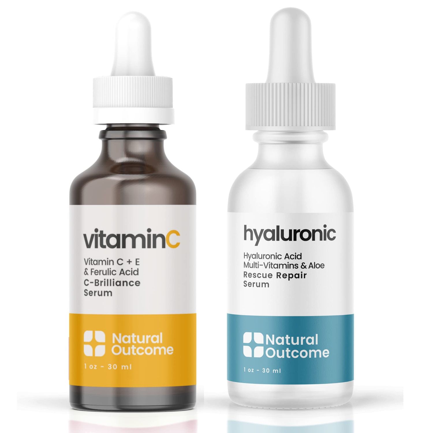 Natural Outcome Face Serum Set Hydrating Hyaluronic Acid Serum and Vitamin C Face Serum - Pack of Two Anti Aging Facial Serum Kit 1 oz Each, Vegan, Cruelty Free Fragrance Free