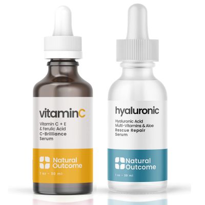 Natural Outcome Face Serum Set Hydrating Hyaluronic Acid Serum and Vitamin C Face Serum - Pack of Two Anti Aging Facial Serum Kit 1 oz Each, Vegan, Cruelty Free Fragrance Free