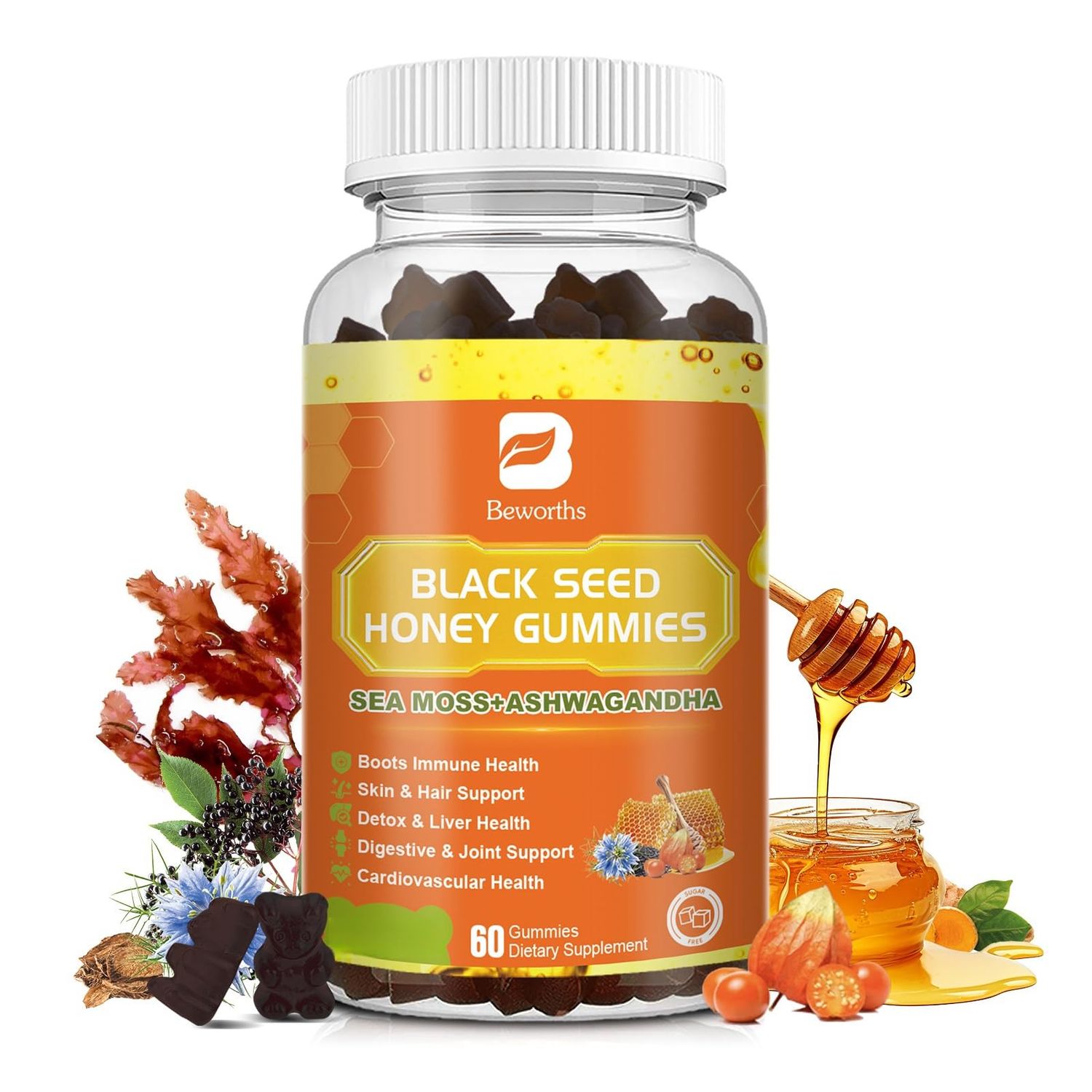Black Seed Oil Sea Moss Gummies with Ashwagandha, Burdock Root, Linden Honey, Elderberry, Turmeric, Vitamin C, D3 Zinc - Supports Immunity, Joints, Digestion, Hair Skin, Vegan Gummies 60 Counts