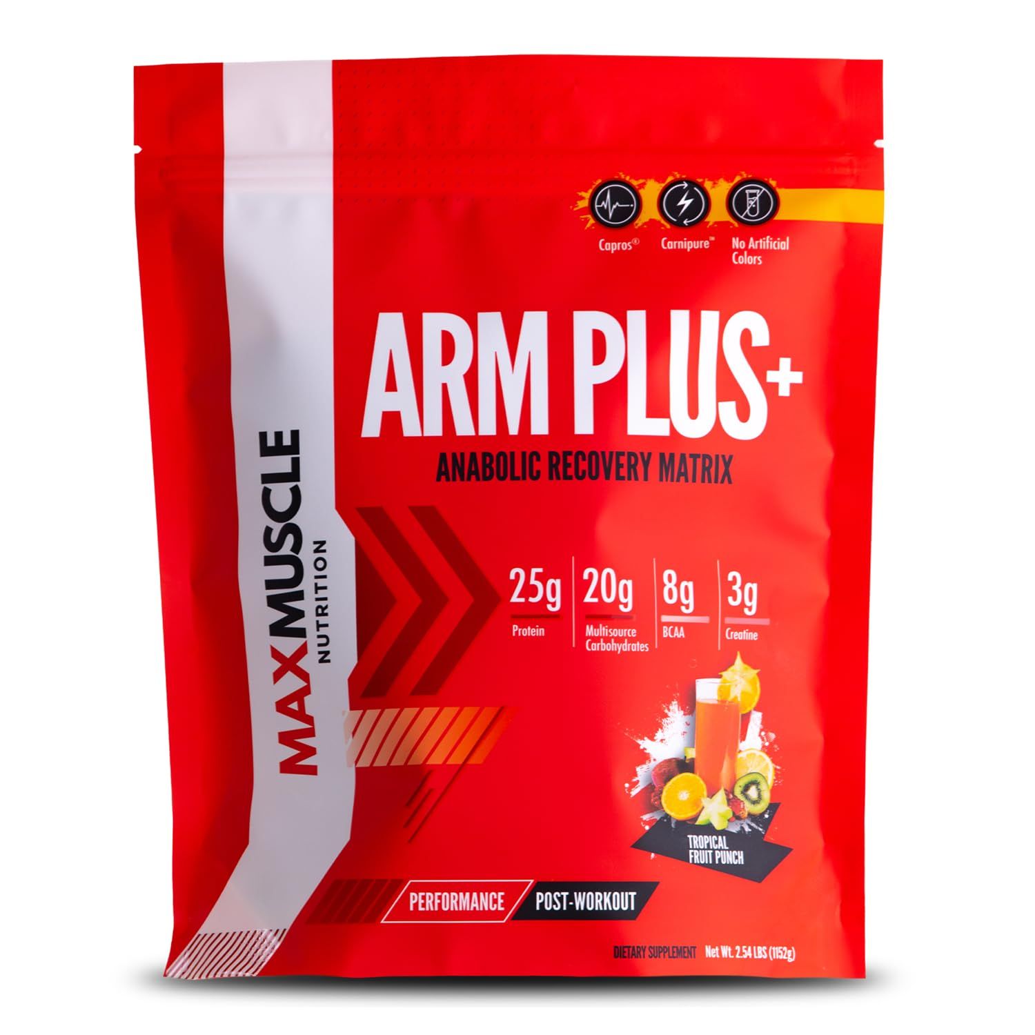 Max Muscle Arm Plus Anabolic Recovery Matrix 25g Protein, 8g Bcaas, 3g Creatine Monohydrate Whey Protein, Amino Acids, Antioxidants, Glutamine, Electrolytes (Tropical Punch, 2.54 lb)
