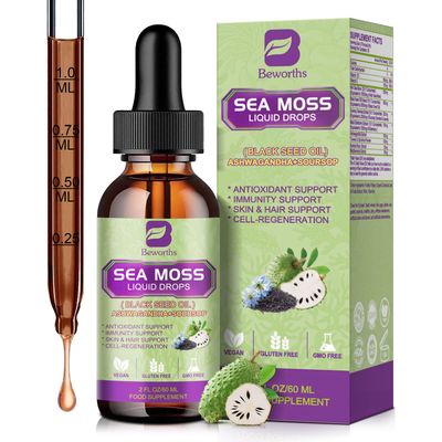 Sea Moss Liquid Drops - Irish Sea Moss Black Seed Oil with Ashwagandha, Soursop Bitters, Elderberry, Burdock Root, Bladderwrack, Multimineral Seamoss Supplement Support Antioxidant, Immune, Gut Health