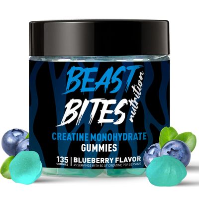 BEAST BITES Nutrition Creatine Monohydrate Gummies for Men Women - 5g of Creatine Monohydrate per Serving - Sugar Free,Vegan, Blueberry Flavor, 135 Count