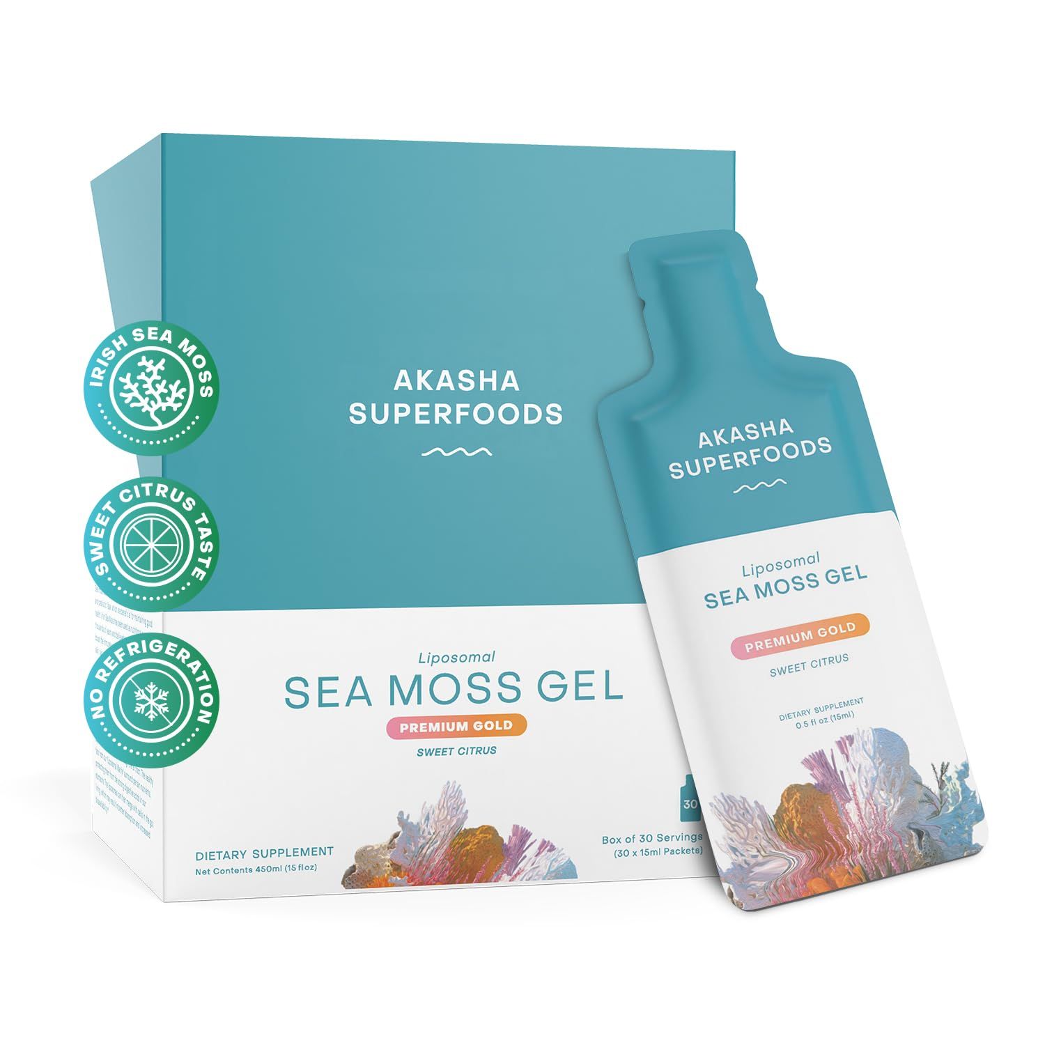 Akasha Superfoods Irish Sea Moss Gel, Liposomal Seamoss with Irish Sea Moss, Vitamin E, Citrus, Organic Vanilla, Glycerin, Skin, Energy Gut Health Support for Women Men, Sweet Citrus Flavor, 30 Ct