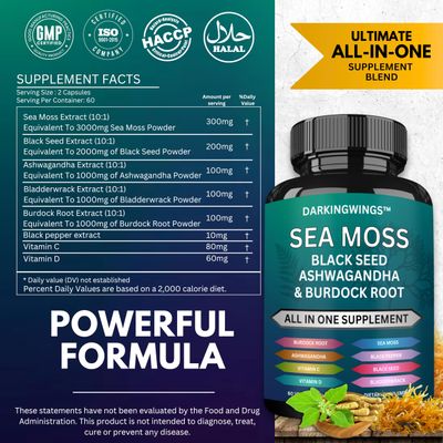 Sea Moss Advanced - Irish Sea Moss 3000mg Black Seed Oil 2000mg Ashwagandha 1000mg Bladderwrack 1000mg Burdock 1000mg Vitamins CD - Sea Moss Overall Health, Immunity Support, 60 Sea Moss Capsules