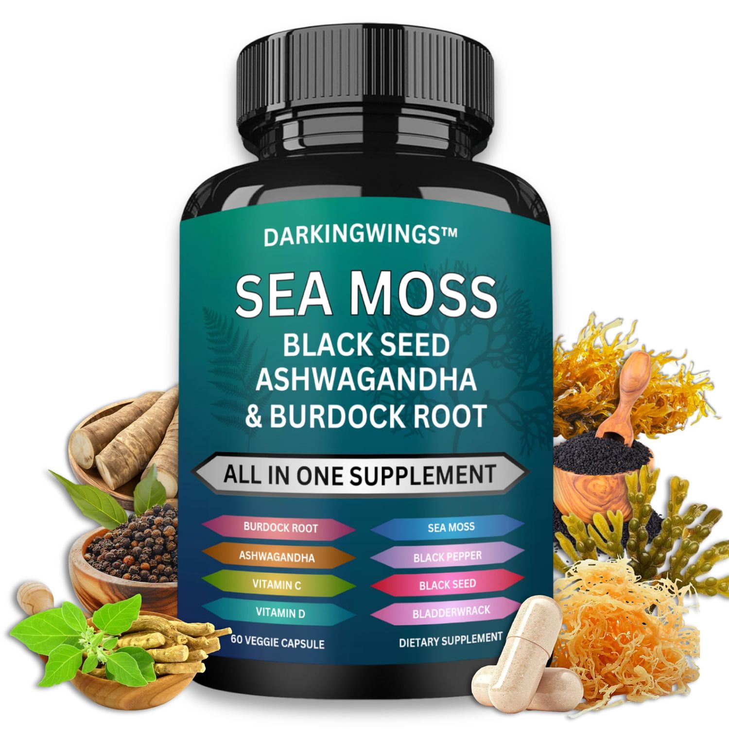 Sea Moss Advanced - Irish Sea Moss 3000mg Black Seed Oil 2000mg Ashwagandha 1000mg Bladderwrack 1000mg Burdock 1000mg Vitamins CD - Sea Moss Overall Health, Immunity Support, 60 Sea Moss Capsules