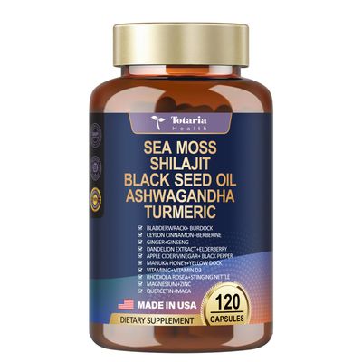 Totaria 25-in-1 Sea Moss Black Seed Oil Ashwagandha Ginger Shilajit Supplement, Sea Moss Capsules with Bladder Burdock Ceylon Cinnamon Berberine ACV Manuka VIT C D3, 120 Caps