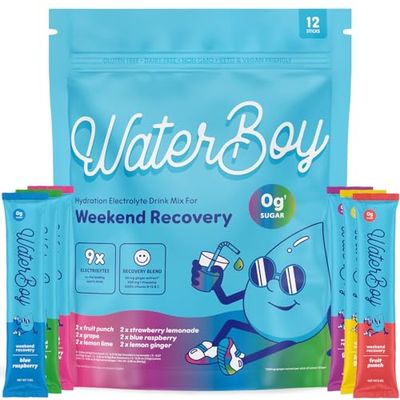 Waterboy Weekend Recovery Sample Pack 3,200mg Electrolyte Powder Packets Ginger L-Theanine Vitamins No Sugar, All Natural, Gluten Free 12 Drink Stick Mixes (Sample Pack)