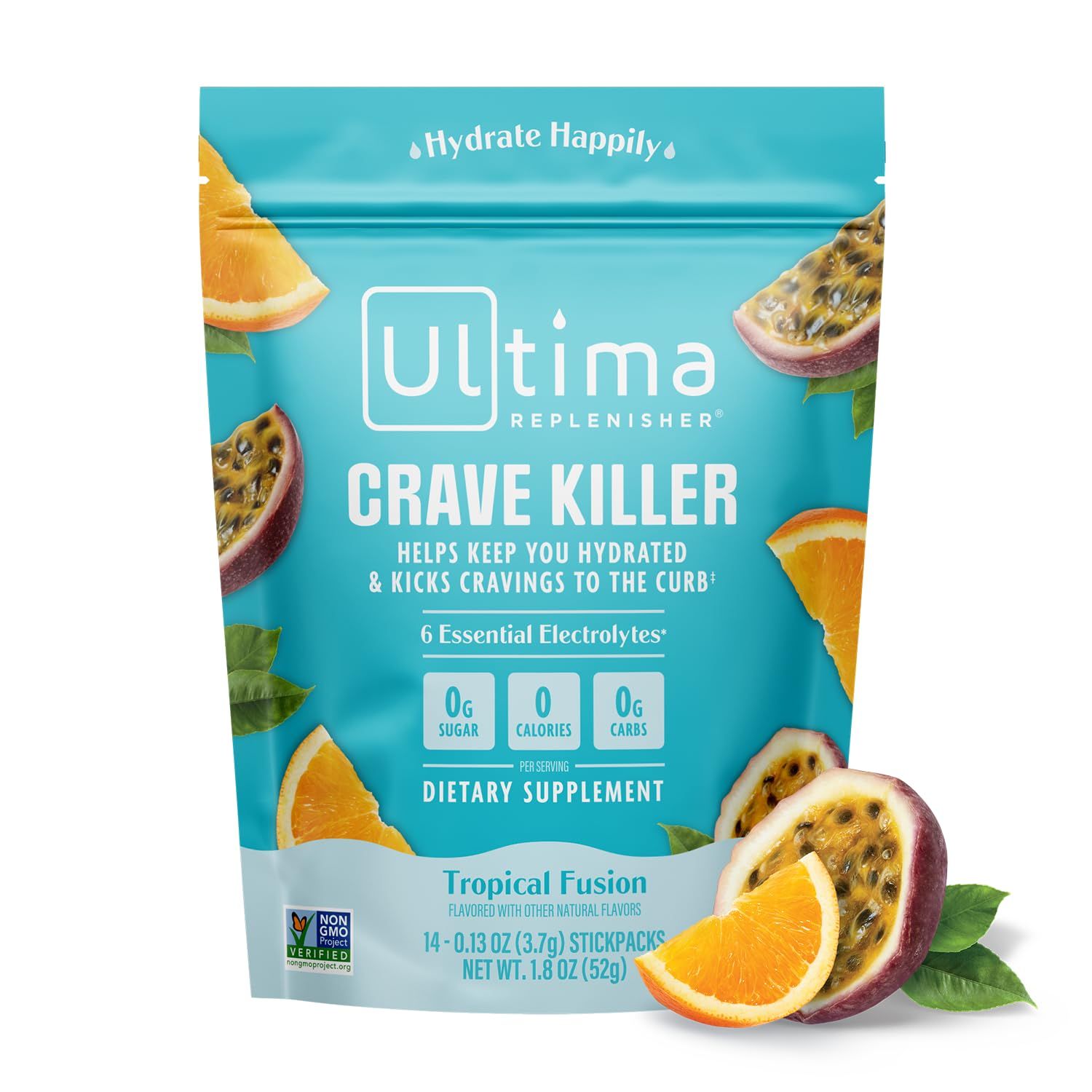 Ultima Replenisher Crave Killer Supplement and Electrolytes Powder - Tropical Fusion, 14 Stickpacks - Hydration Packets That Kick Cravings to The Curb