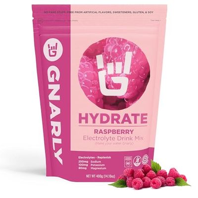 Gnarly Nutrition Hydrate Electrolyte Powder - Raspberry Exercise Hydration Drink Mix - NSF Contents Certified - Electrolyte Solution, Performance Recovery - Raspberry, 14.10 oz