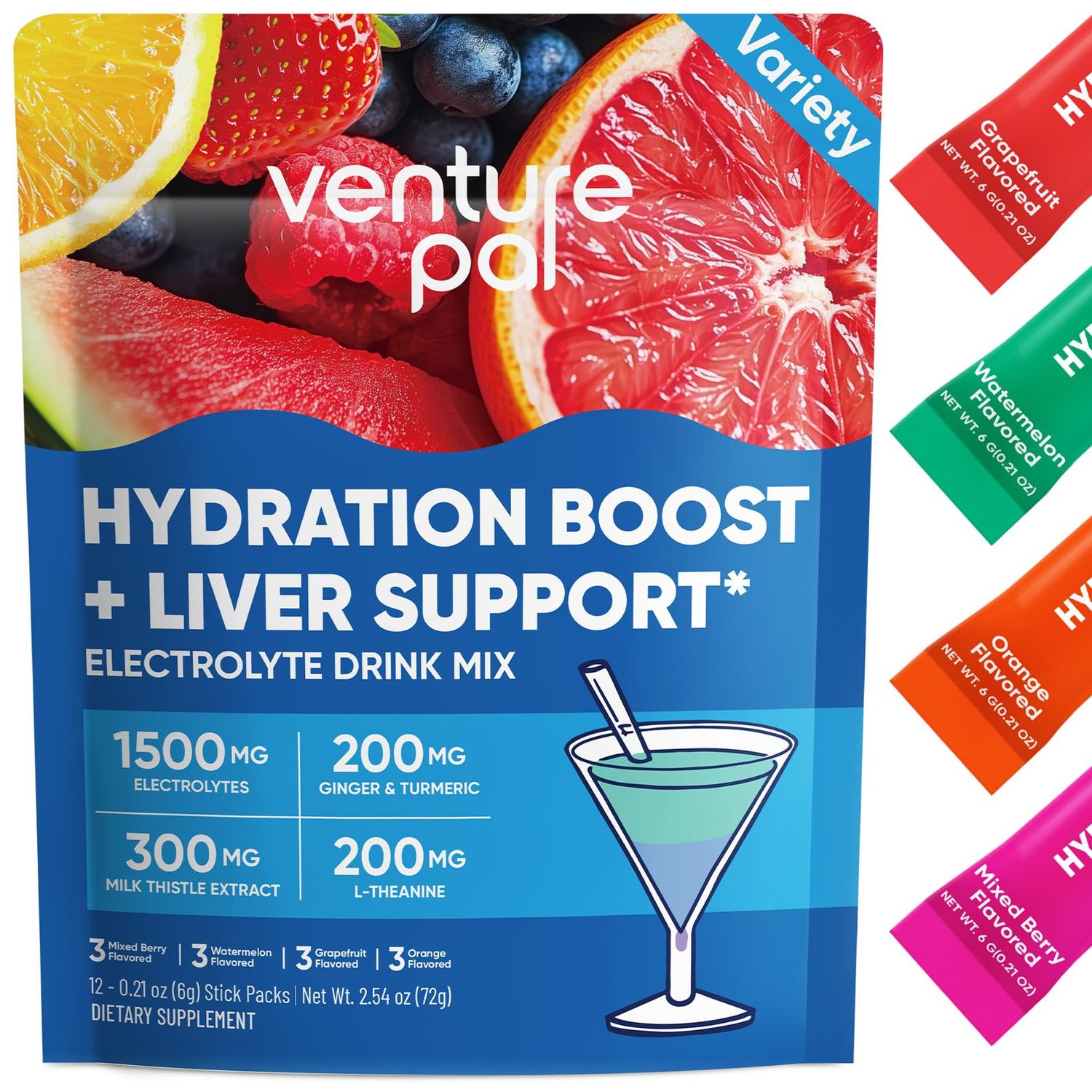 Venture Pal Sugar-Free Hydration Boost Liver Support - Liquid Daily IV Hydration Packets Electrolytes Drink Mix with 7 Electrolytes 5 Vitamins, Milk Thistle Keto Friendly Vegan, 12 Sticks