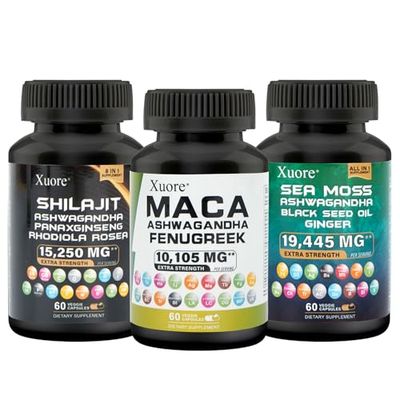 Xuore Bundle of Sea Moss,Shilajit,Maca, Black Seed Oil, Ashwagandha, Ginger, Shilajit, Rhodiola Rosea, Panax Ginseng, Maca Root, Fenugreek, Trifibranol100X,All in 1 Supplements (1 Pack)