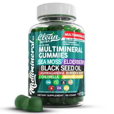 Clean Sea Moss Gummies Black Seed Oil Ashwagandha, Elderberry, Burdock Root, Chlorella, Manuka Honey - Vegan Irish Sea Moss Gummy Vitamins For Adults Kids Men Women - Multimineral Green Apple Flavor