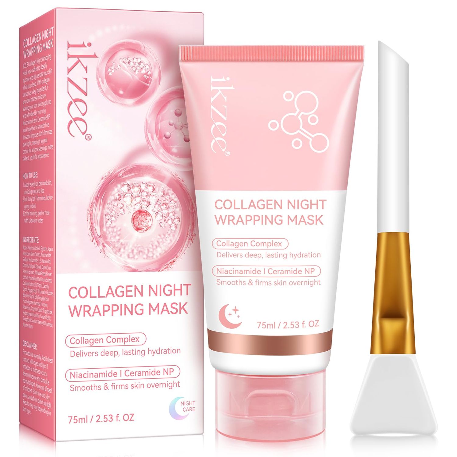 Collagen Night Wrapping Mask 2.53 fl.oz, Collagen Overnight Wrapping Peel Off Facial Mask with Brush, Deep Hydration, Improves Skin Elasticity, Pore Tightening Firming, Reduces Sagging Dullness