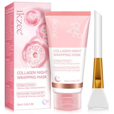 Collagen Night Wrapping Mask 2.53 fl.oz, Collagen Overnight Wrapping Peel Off Facial Mask with Brush, Deep Hydration, Improves Skin Elasticity, Pore Tightening Firming, Reduces Sagging Dullness