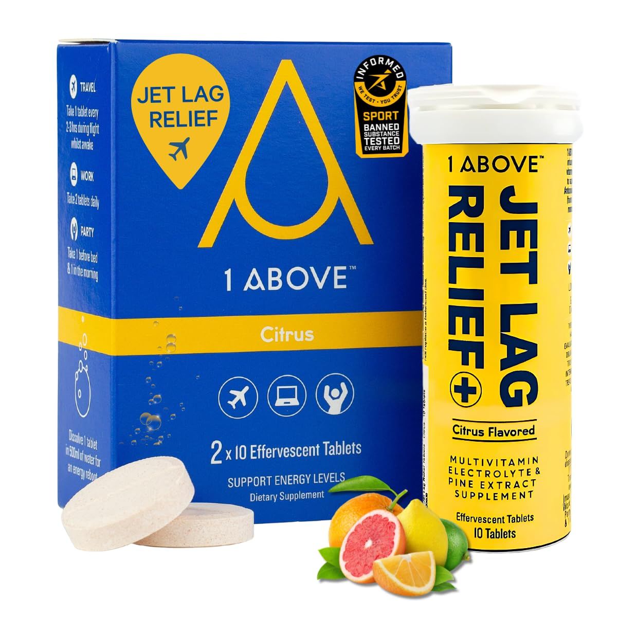 1ABOVE Jet Lag Relief Tablets - Citrus-Flavored Effervescent Multivitamin with Pycnogenol Travel Supplement for Hydration, Energy, Immune Support and Faster Recovery - Flight Essential, 20 Tablets