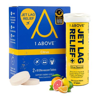 1ABOVE Jet Lag Relief Tablets - Citrus-Flavored Effervescent Multivitamin with Pycnogenol Travel Supplement for Hydration, Energy, Immune Support and Faster Recovery - Flight Essential, 20 Tablets