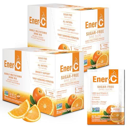 Ener-C Sugar Free Energy Orange Multivitamin Drink Mix Vitamin C 1000mg Electrolytes - Natural Immunity Support with Real Fruit Juice Powders Non-GMO Vegan Gluten Free - 60 Count