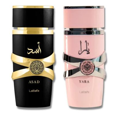 Lattafa for Unisex 2 Piece Eau de Parfum Gift Set (Asad for Men Yara for Women) 3.4 Ounce100 ml each