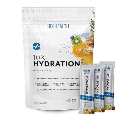 10X Health Hydration Packets Wave Crusher Electrolyte Drink Mix Liquid 15 Stickpacks with Magnesium Citrate, Sodium Potassium - Natural Flavored Electrolyte