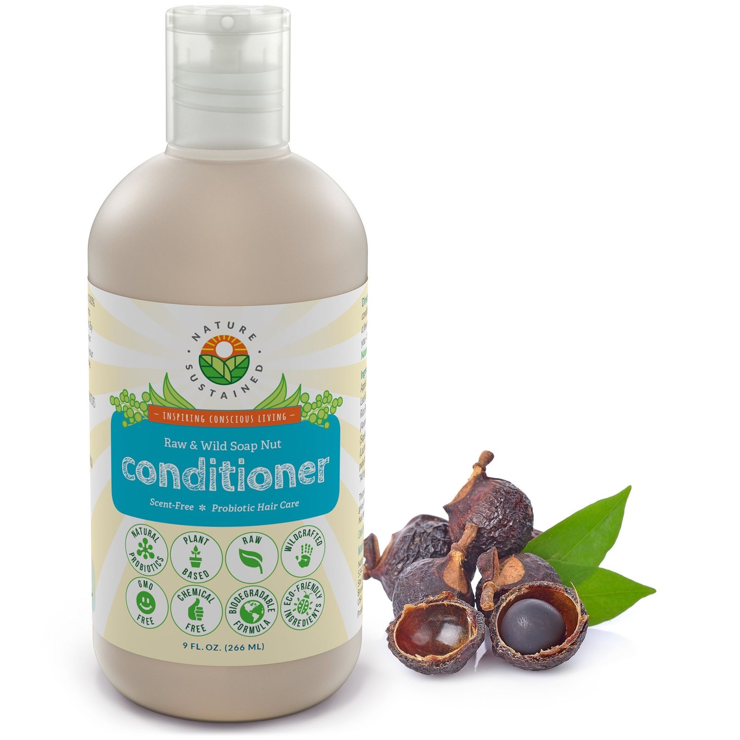 Nature Sustained Organic Fragrance Free Conditioner - Gentle Unscented Natural Sensitive Skin Conditioner - Raw Wildcrafted Probiotic Hypoallergenic Hydrating Conditioning Wash for All Hair - 9 Oz