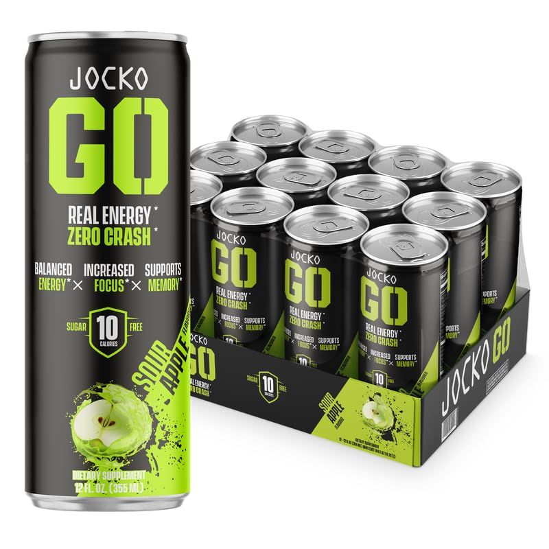 Jocko GO Energy Drink - KETO, Vitamin B12, Vitamin B6, Electrolytes, L Theanine, Magnesium- All Natural Energy Boost, Sugar Free Nootropic Monk Fruit Blend - 12 Pack (Sour Apple)