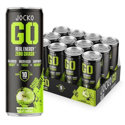Jocko GO Energy Drink - KETO, Vitamin B12, Vitamin B6, Electrolytes, L Theanine, Magnesium- All Natural Energy Boost, Sugar Free Nootropic Monk Fruit Blend - 12 Pack (Sour Apple)