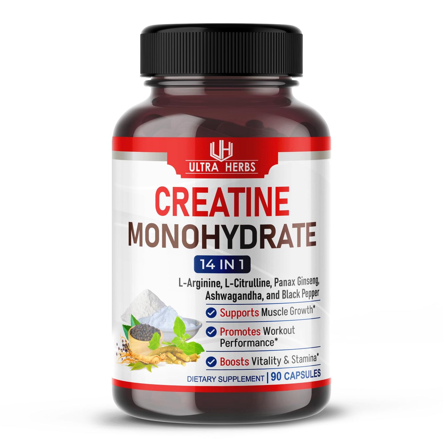 Ultra Creatine Pills Creatine Monohydrate Capsules Enhanced with L-Arginine, L Citrulline, Ginseng Support Stamina, Energy Muscle Growth 90 Capsules
