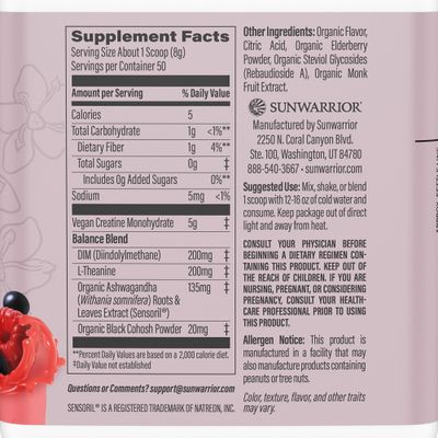 Sunwarrior Creatine for Women Monohydrate Powder Micronized Pre Workout Recovery Supplement Support Muscle Building Strength Training Cognition Vegan and Easily Mixes 50 Servings, Raspberry Lemonade