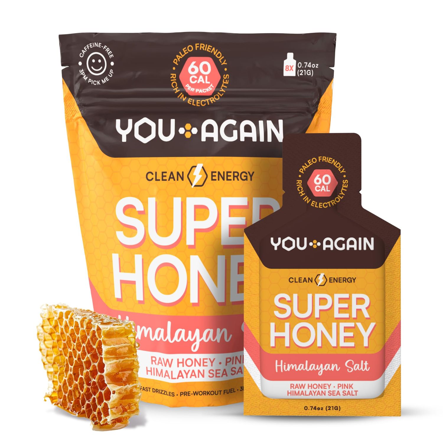 You Again Super Honey Clean Energy Gel, Honey Himalayan Salt Electrolyte Replenishment Running Fuel Endurance Workouts Cycling Gel Paleo Carnivore Snack Gluten-Free USA Made 8-Pack