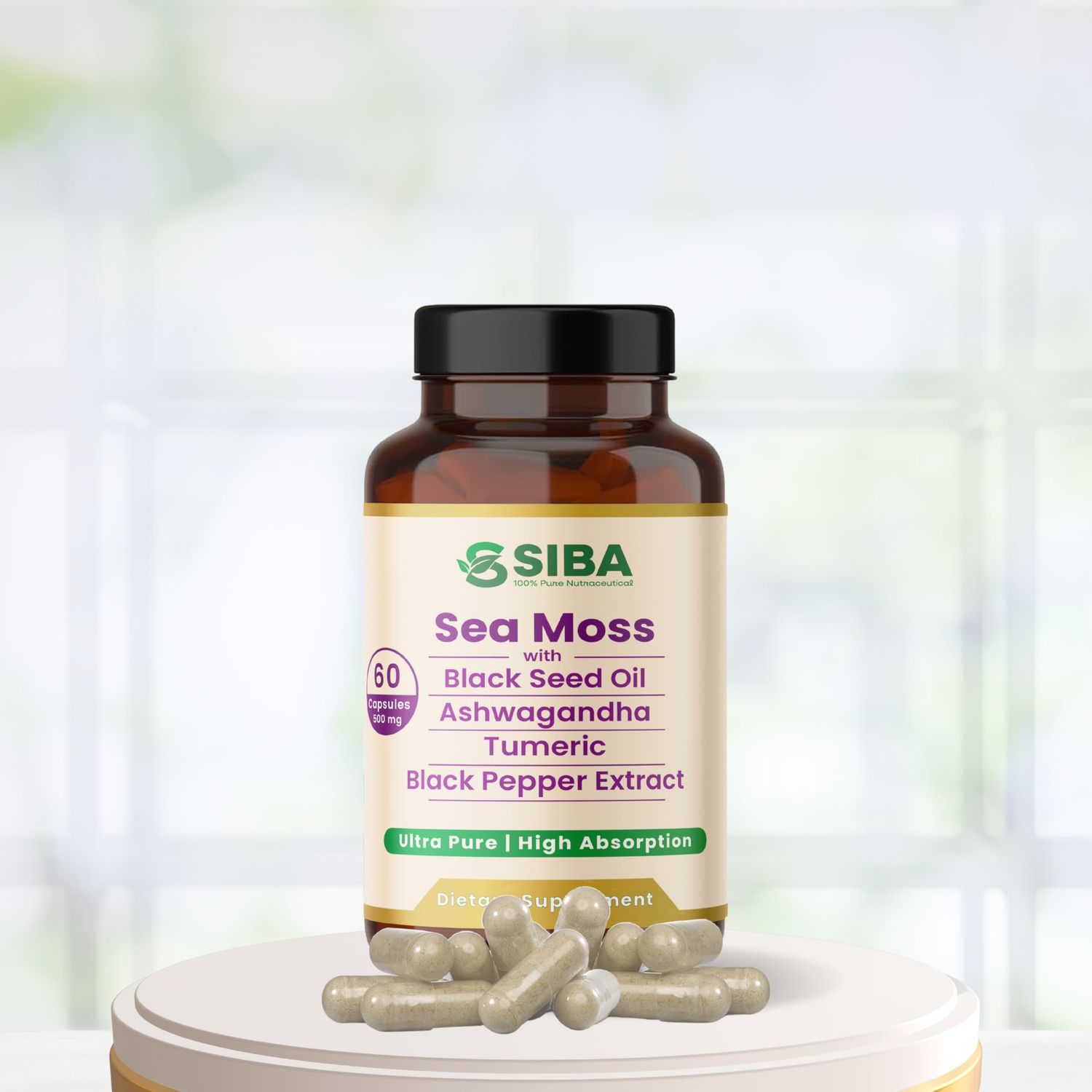 SIBA Ultra Pure High Absorption Sea Moss Blend Capsule with Black Seed Oil, Ashwagandha, Turmeric, and Black Pepper Extract