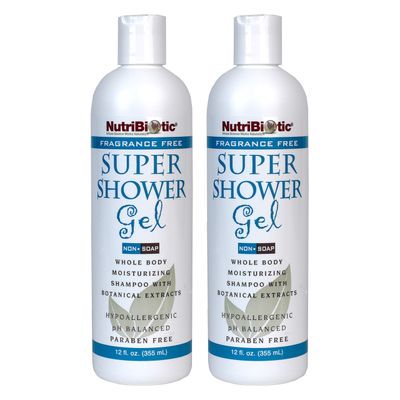 NutriBiotic - Fragrance-Free Super Shower Gel, 12 Oz Twin Pack Whole-Body Moisturizing Shampoo with GSE Botanical Extracts pH Balanced Free of Gluten, Parabens, Sulfates, Dyes Colorings