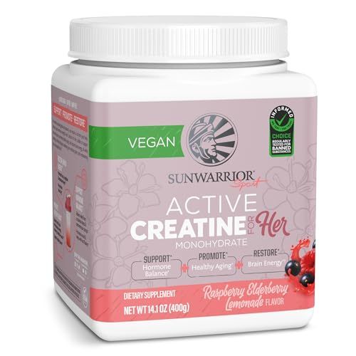 Sunwarrior Creatine for Women Monohydrate Powder Micronized Pre Workout Recovery Supplement Support Muscle Building Strength Training Cognition Vegan and Easily Mixes 50 Servings, Raspberry Lemonade