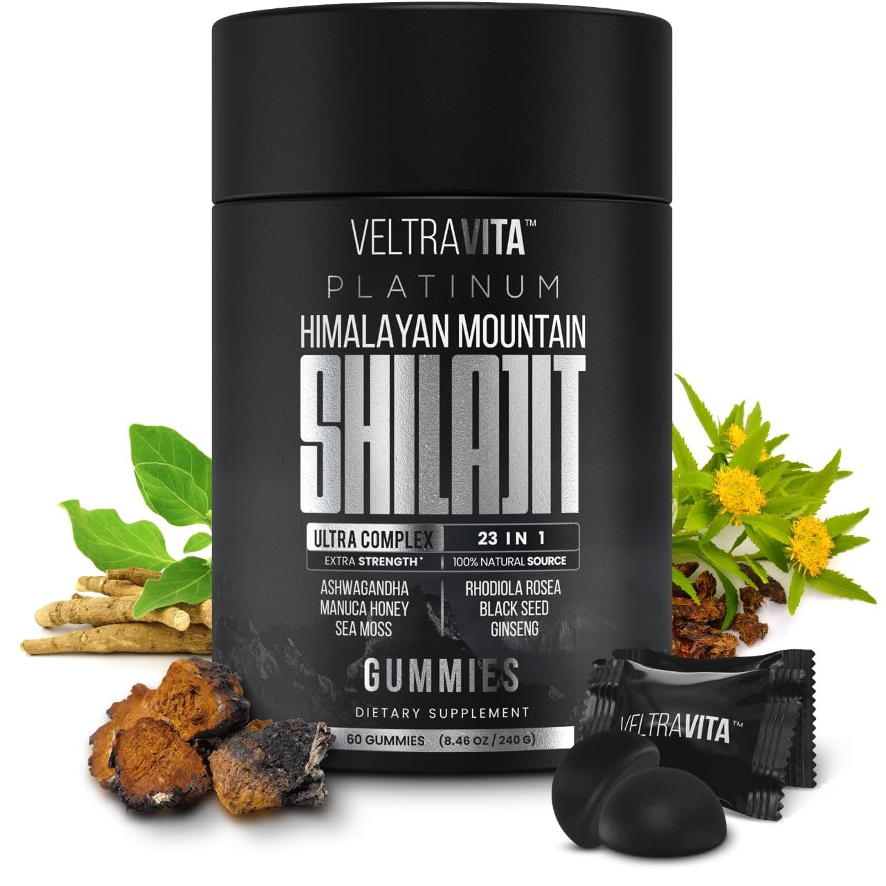 28000 mg, 23-in-1, Himalayan Shilajit for Men, Ashwagandha Gummies Platinum, Irish Sea Moss Gel, Black Seed Oil, Manuka Honey medical grade, Tongkat Ali, Rhodiola Rosea Supplement, No Sugar, Lab Test