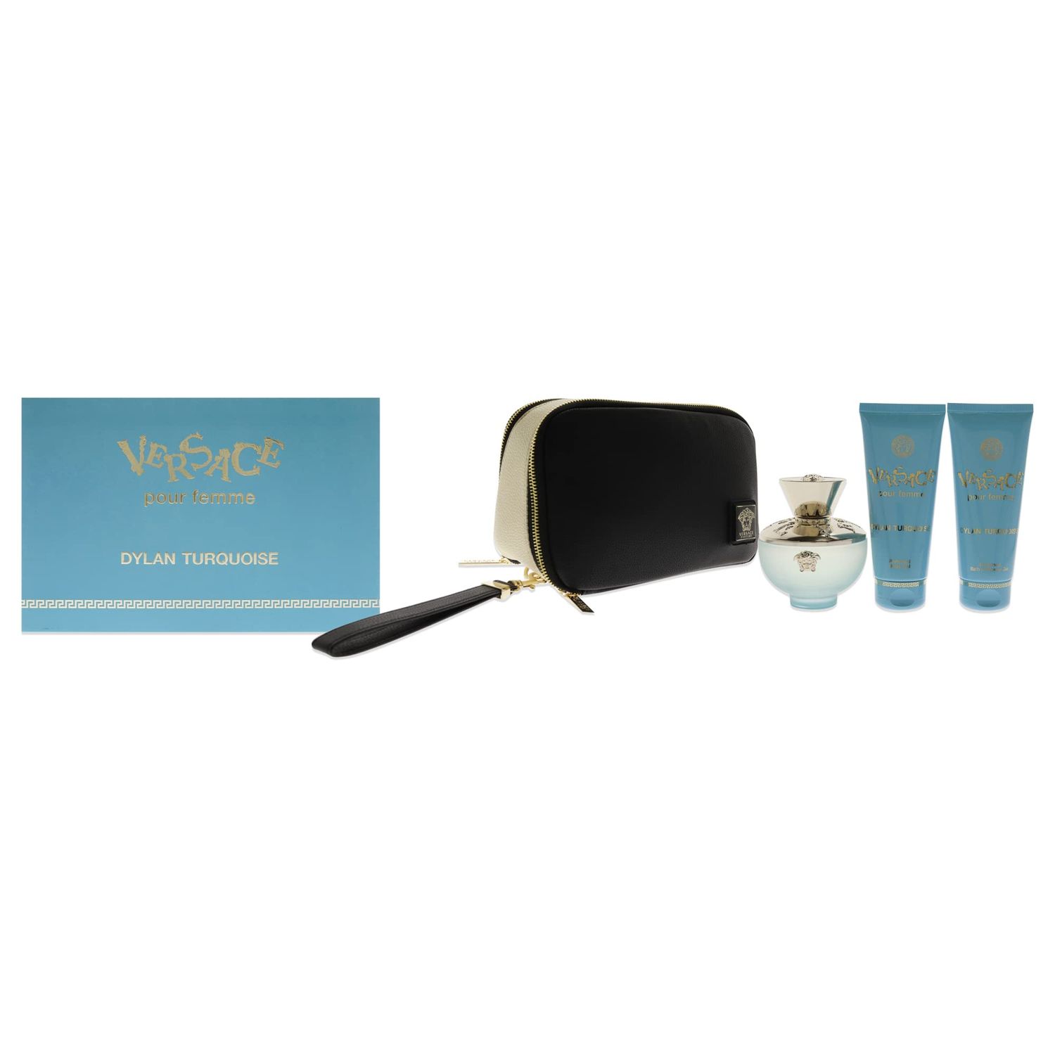Versace Dylan Turquoise Pour Femme 3.4oz EDT Spray, 3.4oz Perfumed Body Gel, 3.4oz Perfumed Bath and Shower Gel, Pouch Women 4 Pc Gift Set