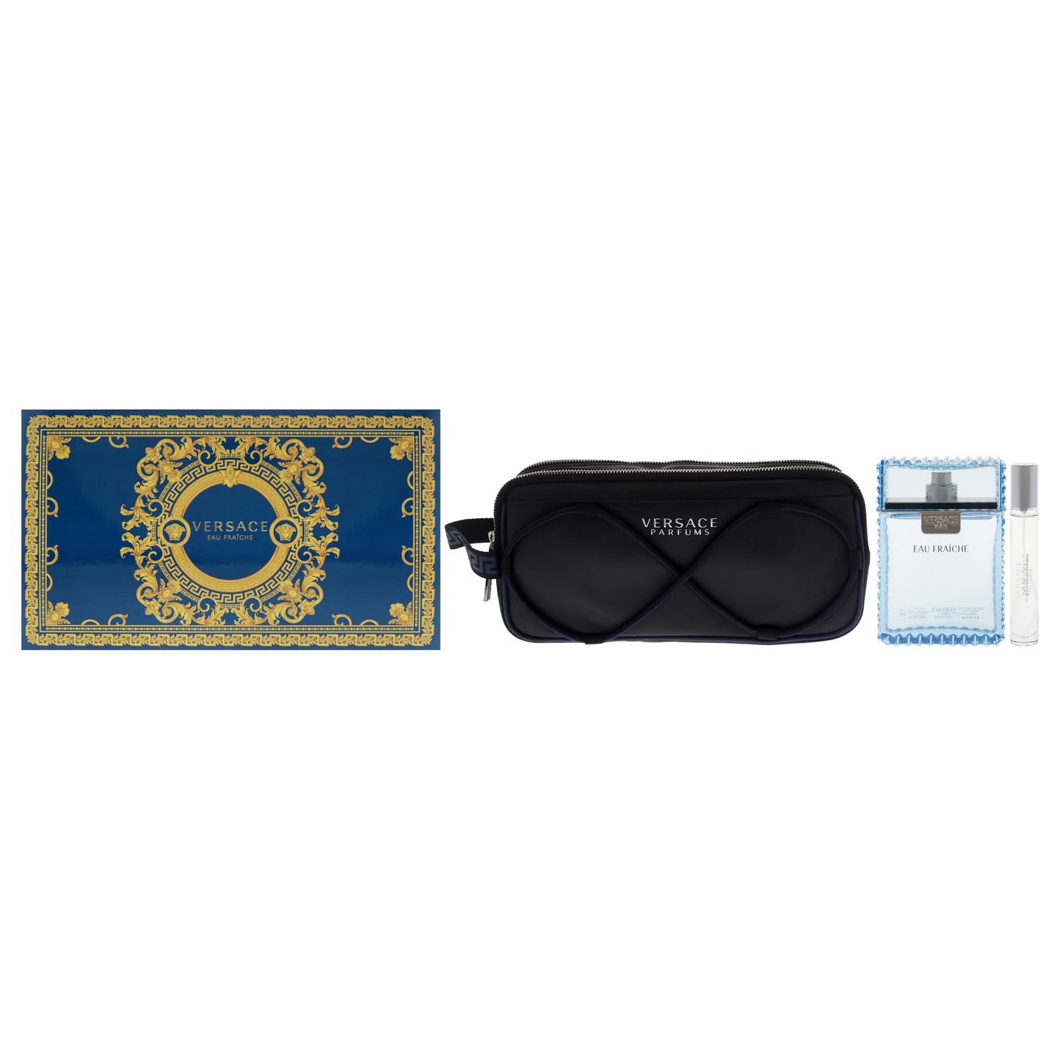 Versace Eau Fraiche for Men 3 Piece Set (3.4 Oz Eau De Toilette Spray 10ml Travel Spray Versace Blue Trousse)