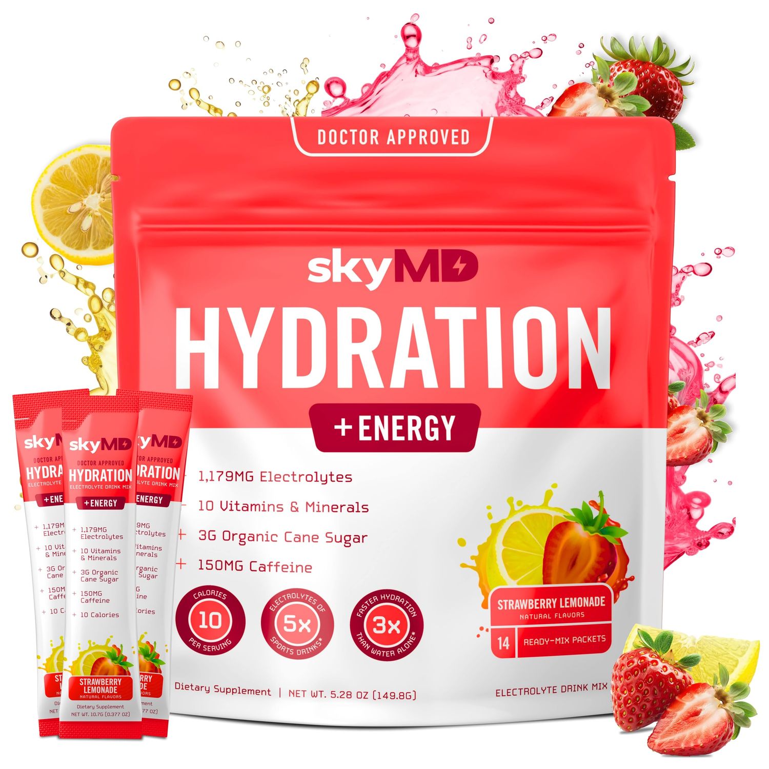 SkyMD Hydration Energy Powder Packets with Electrolytes Supports Focus Performance, Hydration Multiplier with Natural Caffeine Mix In Water 14 Single-Serving Sticks, Strawberry Lemonade
