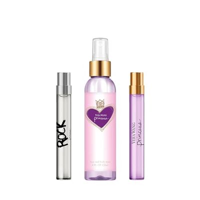 Vera Wang Princess Rock Princess, Body Mist and Eau de Toilette Spray (2) 3 Piece Gift Set, Notes of Peach, Jasmine, and Vanilla, Women's Fragrance, Long Lasting, Everyday Fragrance