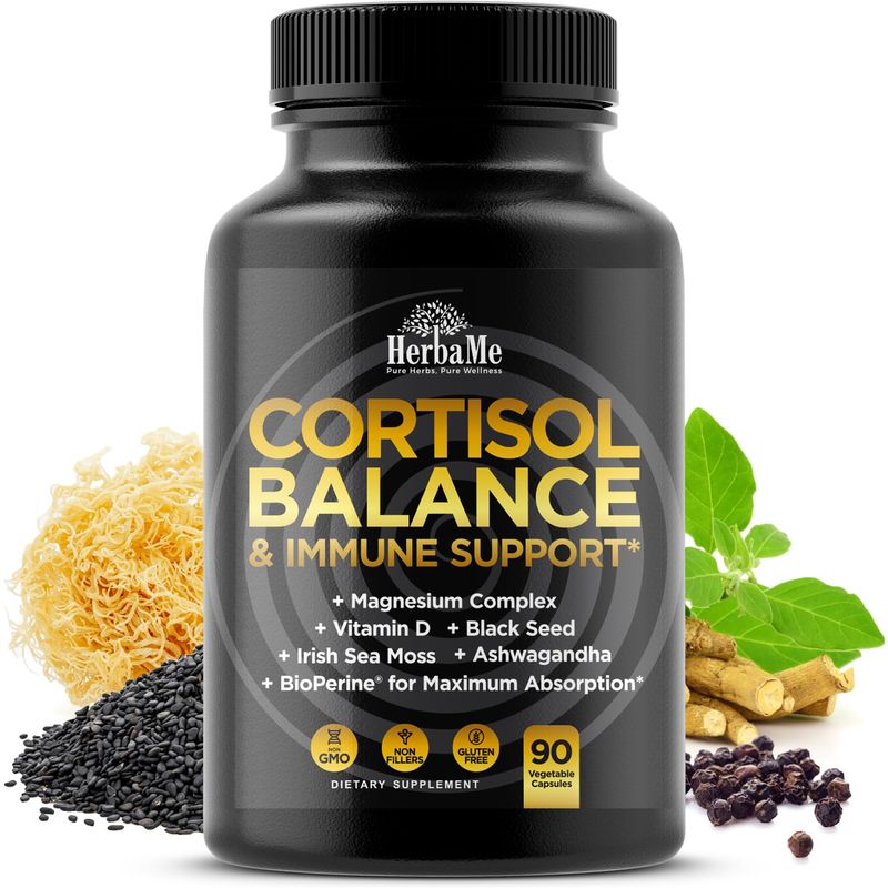 Cortisol Balance and Immune Support Supplement with Ashwagandha, Irish Sea Moss, Black Seed, Vitamin D and Magnesium Complex Mood Enhancer Immunity Booster Stress Relief Pills 90 Capsules