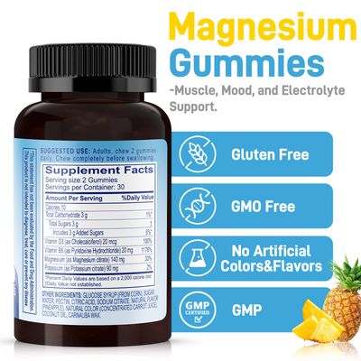 Biobor Potassium Magnesium Citrate Gummies, Magnesium Gummies with Vitamin D3, B6, Electrolyte Balance Muscle, Stress Relaxation Support, Chewable Supplements for Adults (Pineapple,60 Count)