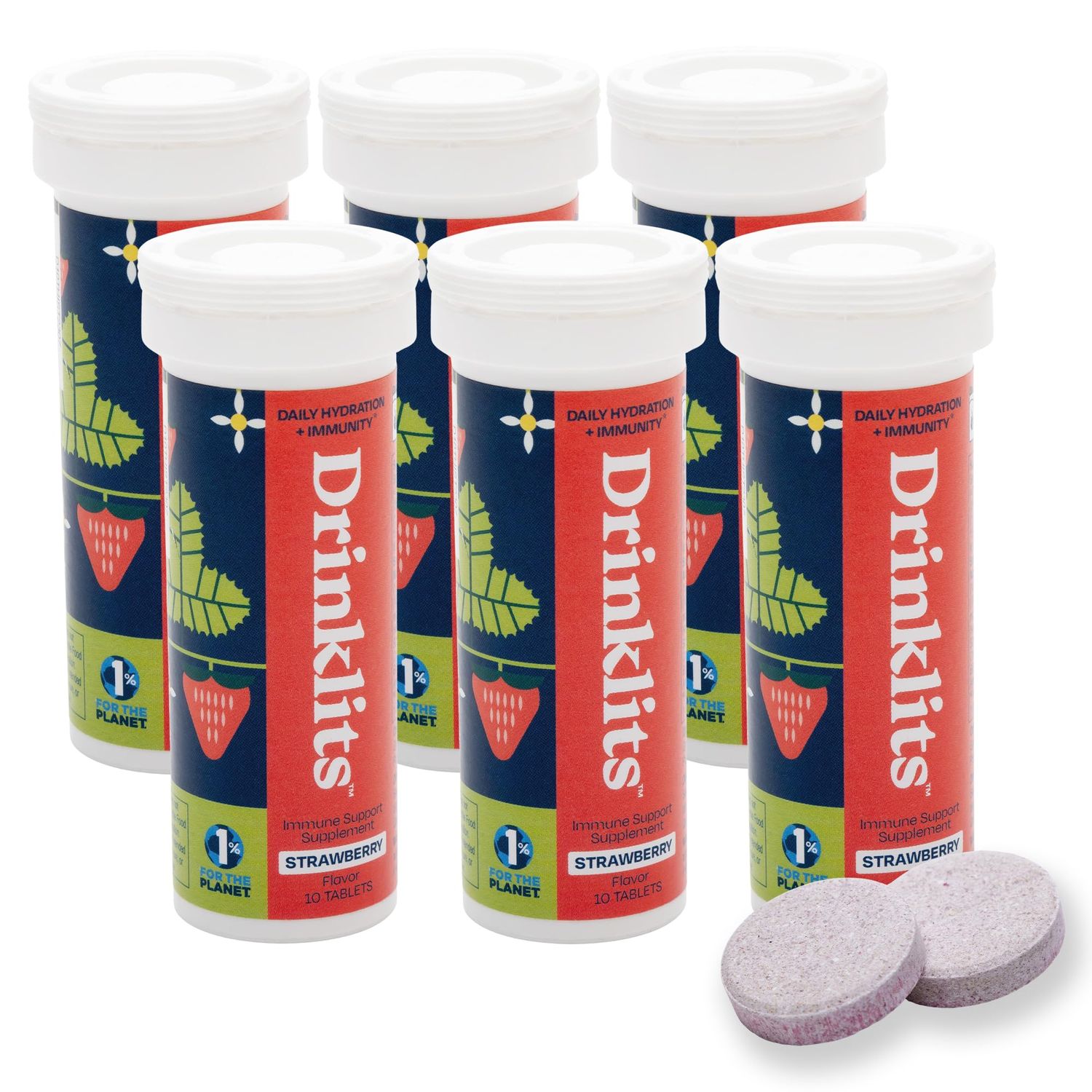 Drinklits Strawberry Immune Support Tablets (6) Tube Bundle Daily Immunity - 0g Sugar - Vitamins - Electrolytes - Herbal Blend 60 Servings - 10 Tablets per Tube