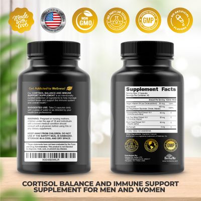 Cortisol Balance and Immune Support Supplement with Ashwagandha, Irish Sea Moss, Black Seed, Vitamin D and Magnesium Complex Mood Enhancer Immunity Booster Stress Relief Pills 90 Capsules