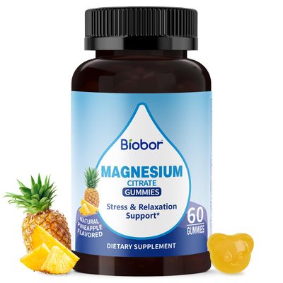 Biobor Potassium Magnesium Citrate Gummies, Magnesium Gummies with Vitamin D3, B6, Electrolyte Balance Muscle, Stress Relaxation Support, Chewable Supplements for Adults (Pineapple,60 Count)