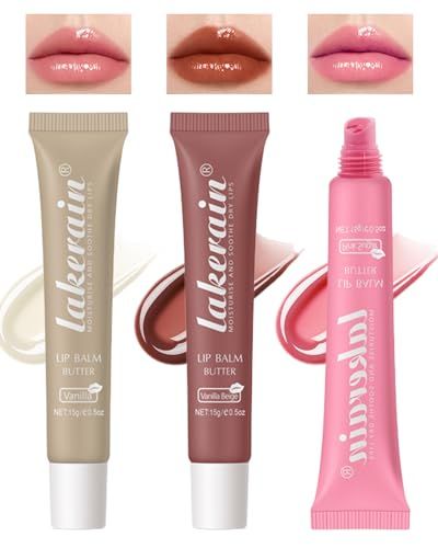 Tinted Lip Butter Balm-3 Colors Vanilla Beige Brown Pink Sugar Lip Gloss,Clear Jelly Yummy Tint Lip Stain,Long Lasting Hydrating Glow Reviver Lip Care Oil,Women&#39;s Day Makeup Gift for Women-Set A