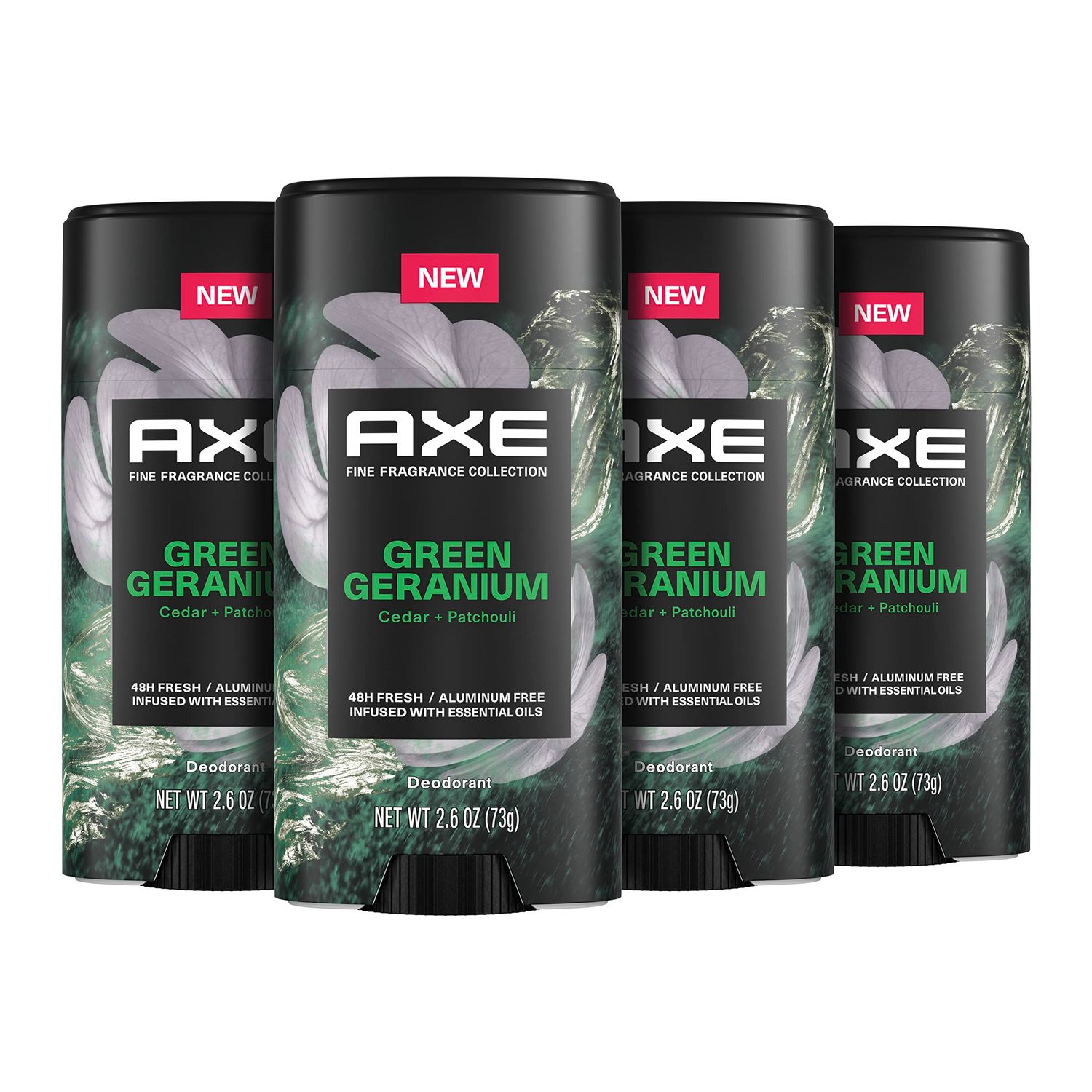AXE Fine Fragrance Collection Aluminum No Deodorant Stick for Men Green Geranium 4 Count with 48H Odor Protection and All-Day Freshness Infused with Geranium, Cedar Patchouli Essential Oils 2.6 oz