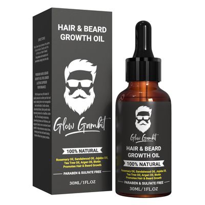 Glow Gambit Sandalwood Beard Oil for Men, 2-In-1 Beard Softener, Rosemary Hair Oil with Biotin, Jojoba Oil, Almond Oil Castor Oil With 11 Natural Oils, for Scalp Hair Beard -1oz.